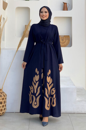 Etek Kısmı Desenli Elbiseli Abaya Takım 8495 Lacivert - Bym Fashion