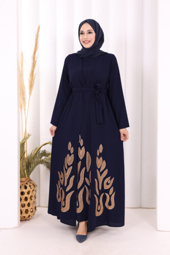 Etek Kısmı Desenli Elbiseli Abaya Takım 8495 Lacivert 