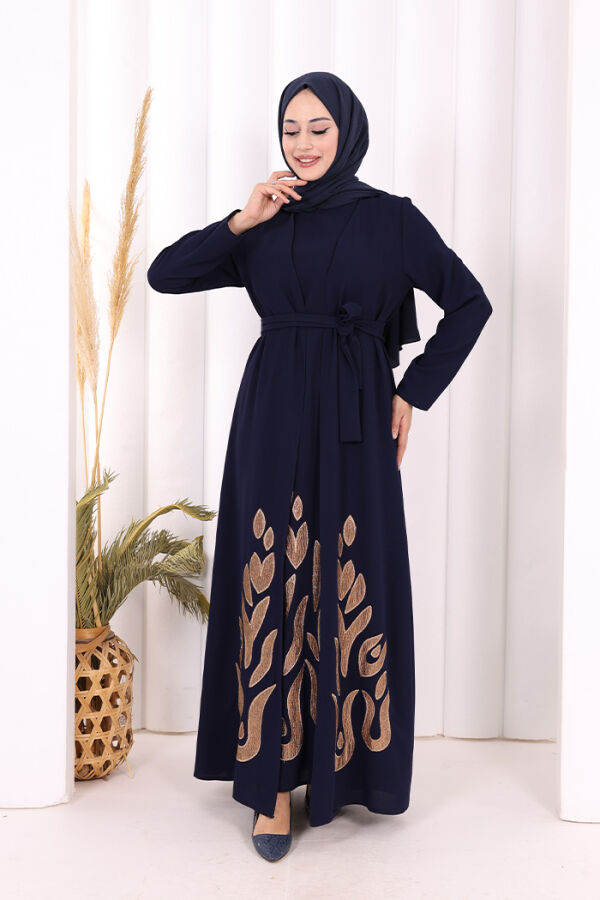 Etek Kısmı Desenli Elbiseli Abaya Takım 8495 Lacivert - 2