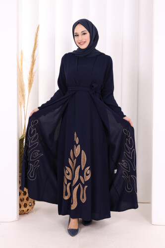 Etek Kısmı Desenli Elbiseli Abaya Takım 8495 Lacivert - 3