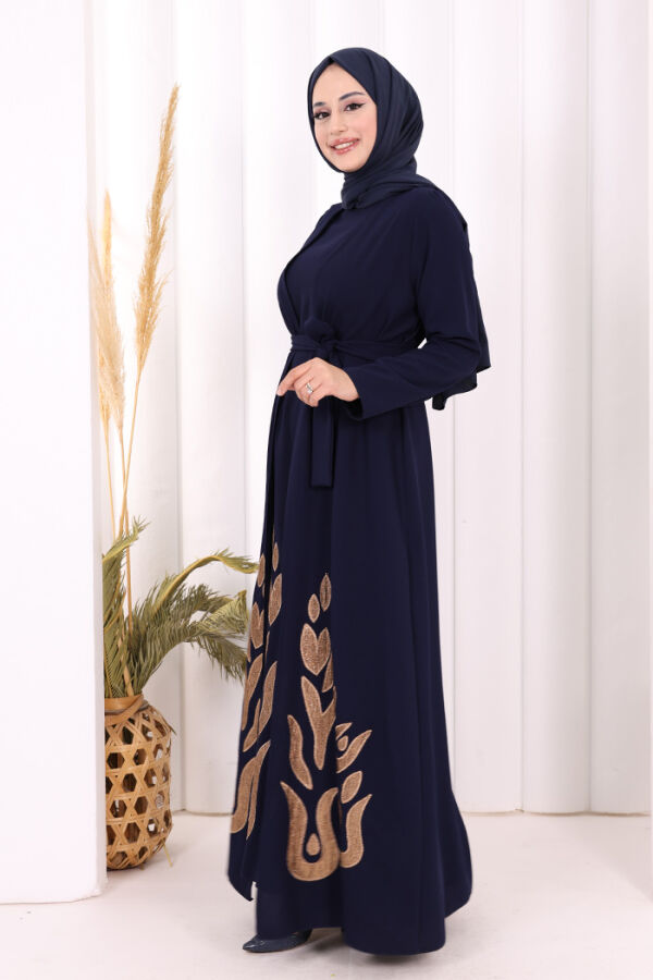 Etek Kısmı Desenli Elbiseli Abaya Takım 8495 Lacivert - 4
