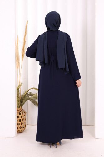 Etek Kısmı Desenli Elbiseli Abaya Takım 8495 Lacivert - 5