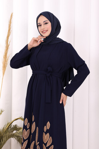 Etek Kısmı Desenli Elbiseli Abaya Takım 8495 Lacivert - 6