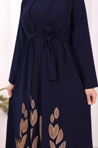 Etek Kısmı Desenli Elbiseli Abaya Takım 8495 Lacivert - 7