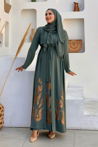 Etek Kısmı Desenli Elbiseli Abaya Takım 8495 Mint - Bym Fashion