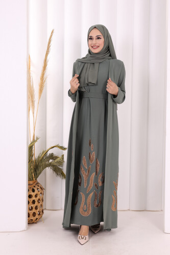 Etek Kısmı Desenli Elbiseli Abaya Takım 8495 Mint 