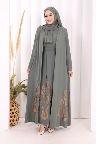 Etek Kısmı Desenli Elbiseli Abaya Takım 8495 Mint - 2