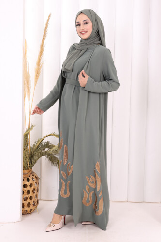 Etek Kısmı Desenli Elbiseli Abaya Takım 8495 Mint - 4