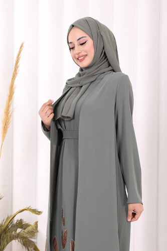 Etek Kısmı Desenli Elbiseli Abaya Takım 8495 Mint - 5