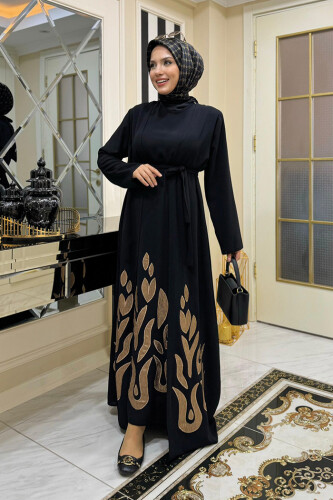 Etek Kısmı Desenli Elbiseli Abaya Takım 8495 Siyah - Bym Fashion