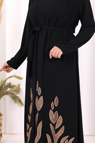 Etek Kısmı Desenli Elbiseli Abaya Takım 8495 Siyah - 6