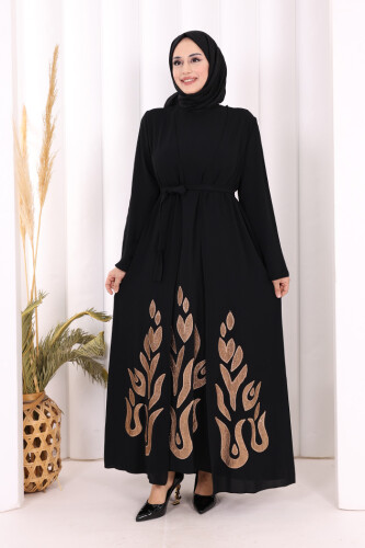 Etek Kısmı Desenli Elbiseli Abaya Takım 8495 Siyah - 1