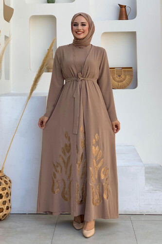 Etek Kısmı Desenli Elbiseli Abaya Takım 8495 Vizon - Bym Fashion