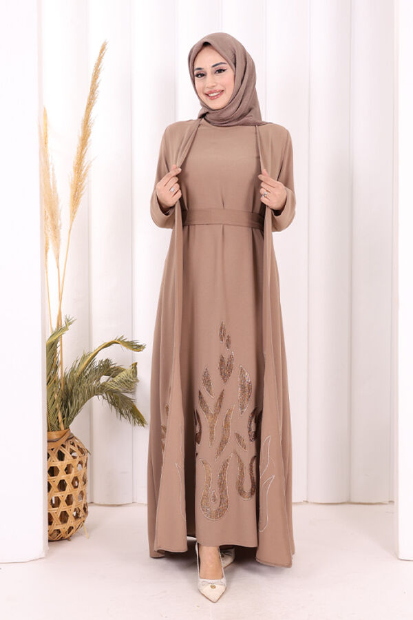 Etek Kısmı Desenli Elbiseli Abaya Takım 8495 Vizon - 1