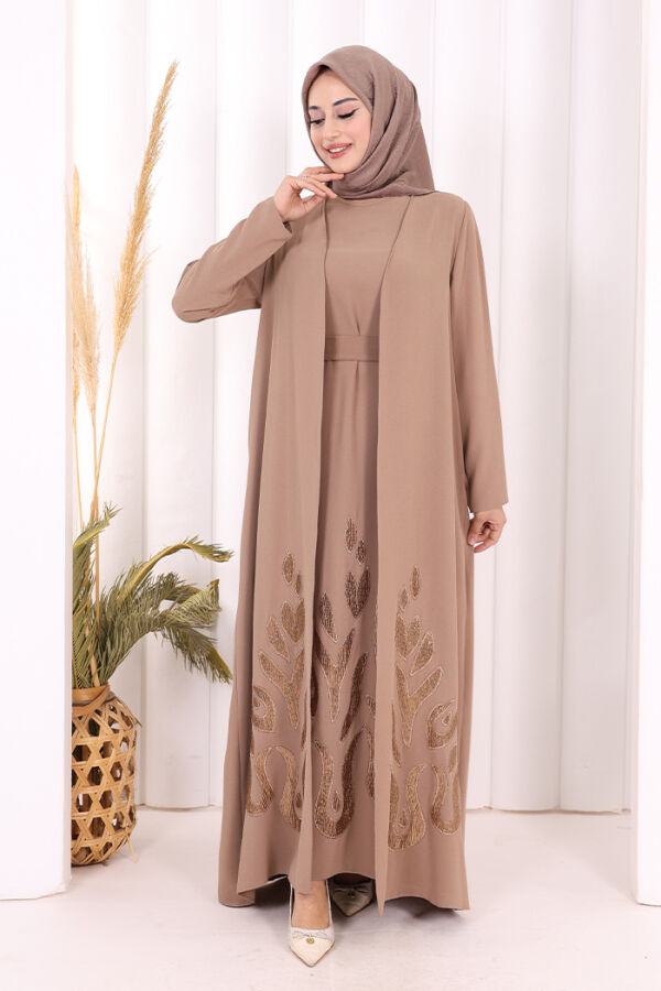 Etek Kısmı Desenli Elbiseli Abaya Takım 8495 Vizon - 2