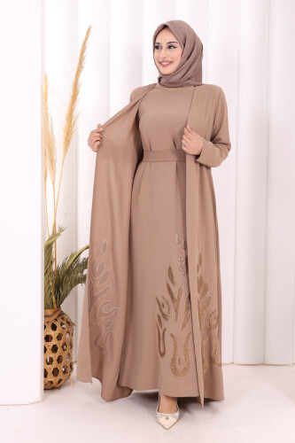 Etek Kısmı Desenli Elbiseli Abaya Takım 8495 Vizon - 3