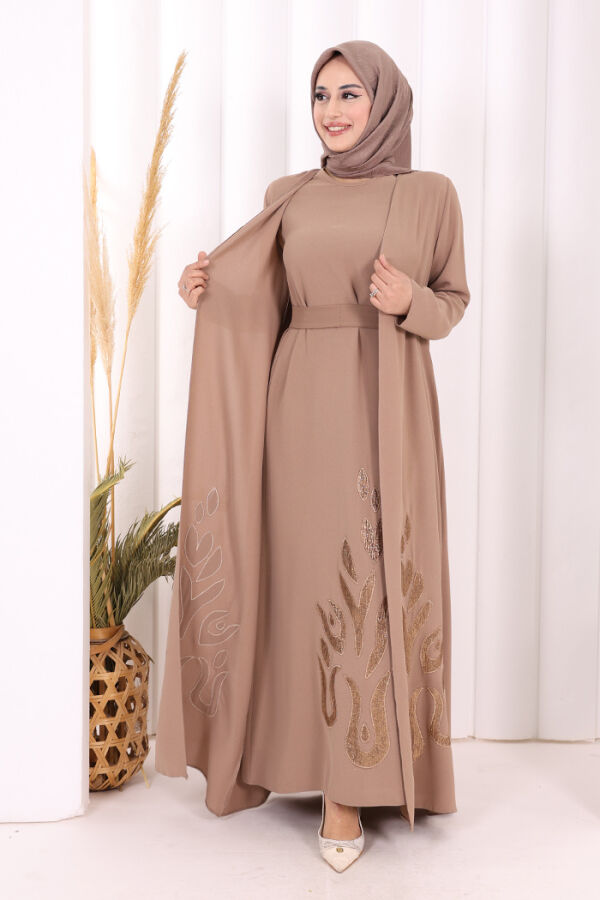 Etek Kısmı Desenli Elbiseli Abaya Takım 8495 Vizon - 3