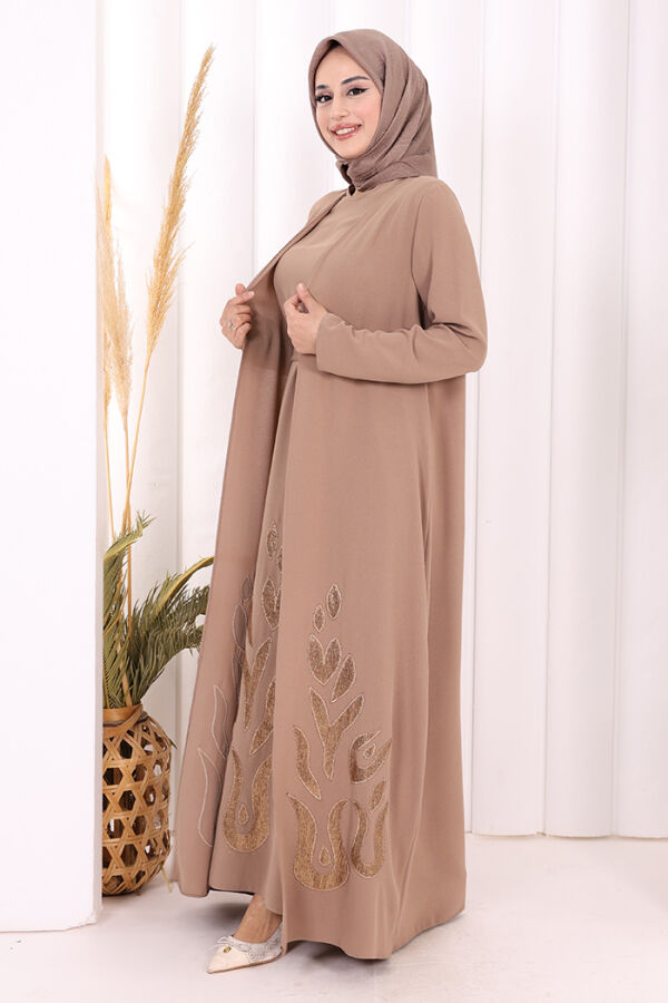 Etek Kısmı Desenli Elbiseli Abaya Takım 8495 Vizon - 4