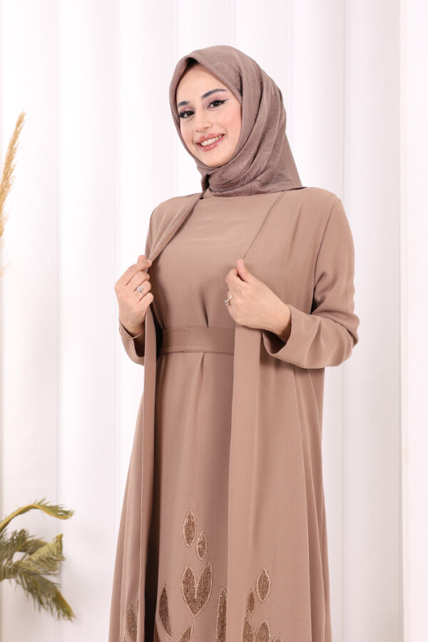 Etek Kısmı Desenli Elbiseli Abaya Takım 8495 Vizon - 6