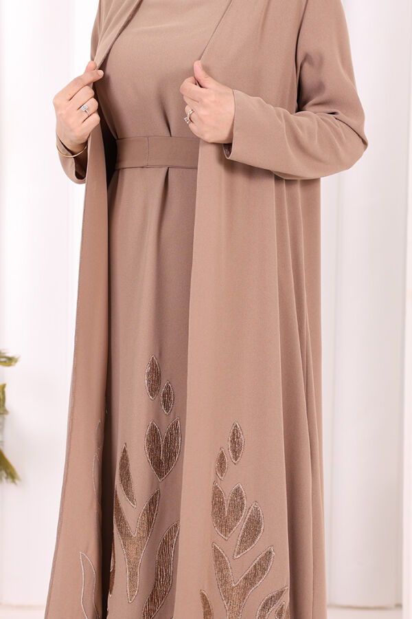 Etek Kısmı Desenli Elbiseli Abaya Takım 8495 Vizon - 7