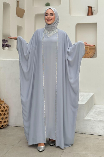 Taş İşleme Detay Elbiseli Pelerin Takım 8496 Gri - Bym Fashion