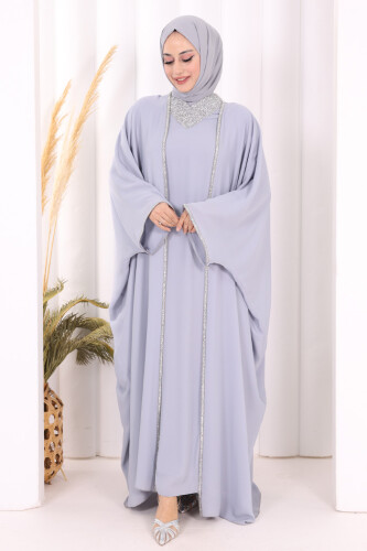 Taş İşleme Detay Elbiseli Pelerin Takım 8496 Gri 