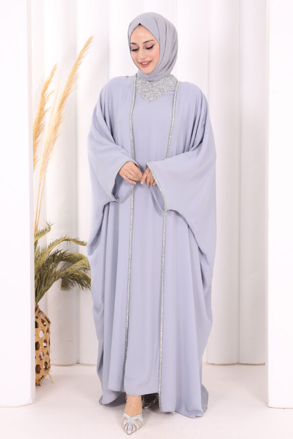 Taş İşleme Detay Elbiseli Pelerin Takım 8496 Gri - 1