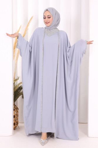 Taş İşleme Detay Elbiseli Pelerin Takım 8496 Gri - 2