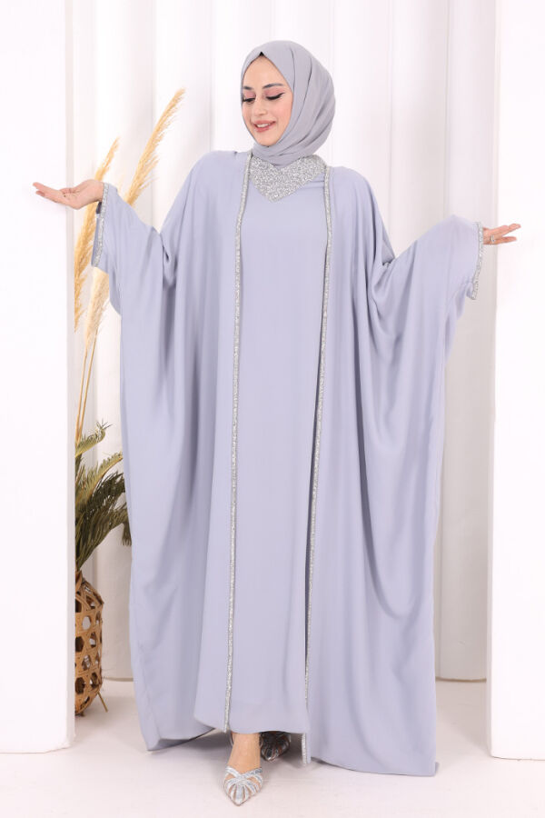 Taş İşleme Detay Elbiseli Pelerin Takım 8496 Gri - 2