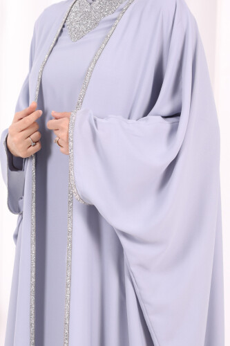 Taş İşleme Detay Elbiseli Pelerin Takım 8496 Gri - 6