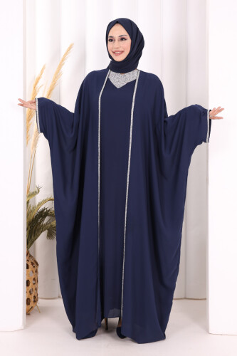 Taş İşleme Detay Elbiseli Pelerin Takım 8496 Lacivert 