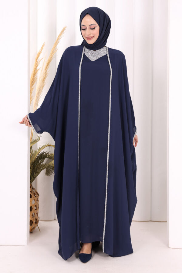 Taş İşleme Detay Elbiseli Pelerin Takım 8496 Lacivert - 2