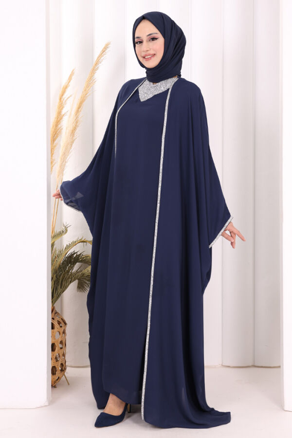 Taş İşleme Detay Elbiseli Pelerin Takım 8496 Lacivert - 3