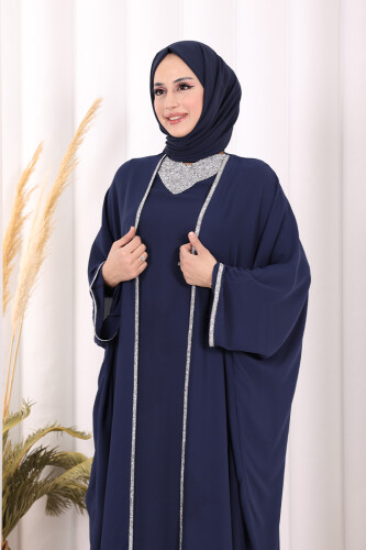 Taş İşleme Detay Elbiseli Pelerin Takım 8496 Lacivert - 5