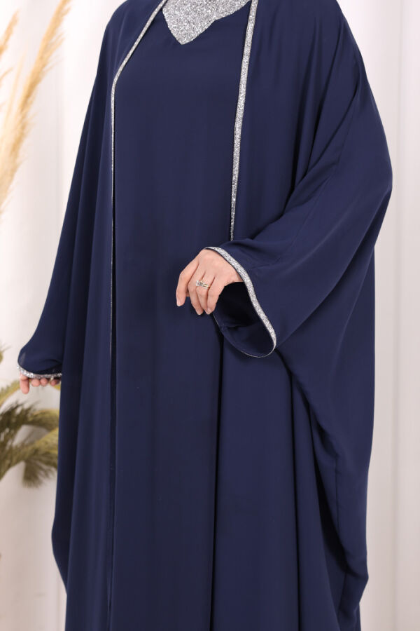 Taş İşleme Detay Elbiseli Pelerin Takım 8496 Lacivert - 6