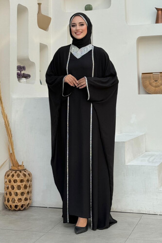 Taş İşleme Detay Elbiseli Pelerin Takım 8496 Siyah - Bym Fashion