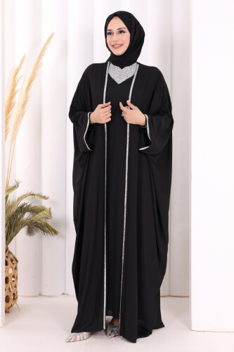 Taş İşleme Detay Elbiseli Pelerin Takım 8496 Siyah - 1