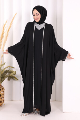 Taş İşleme Detay Elbiseli Pelerin Takım 8496 Siyah - 2