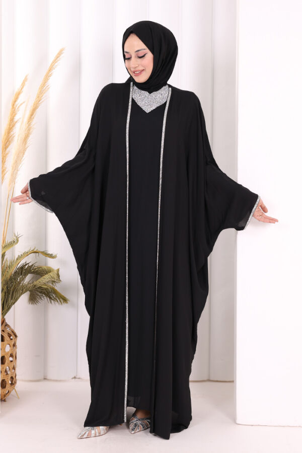 Taş İşleme Detay Elbiseli Pelerin Takım 8496 Siyah - 2