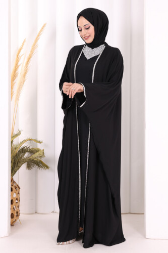 Taş İşleme Detay Elbiseli Pelerin Takım 8496 Siyah - 3