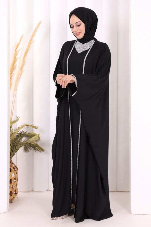 Taş İşleme Detay Elbiseli Pelerin Takım 8496 Siyah - 3