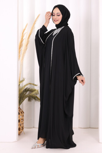 Taş İşleme Detay Elbiseli Pelerin Takım 8496 Siyah - 4