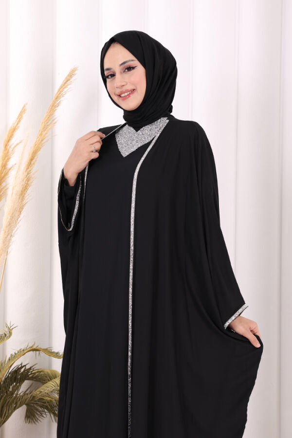 Taş İşleme Detay Elbiseli Pelerin Takım 8496 Siyah - 6
