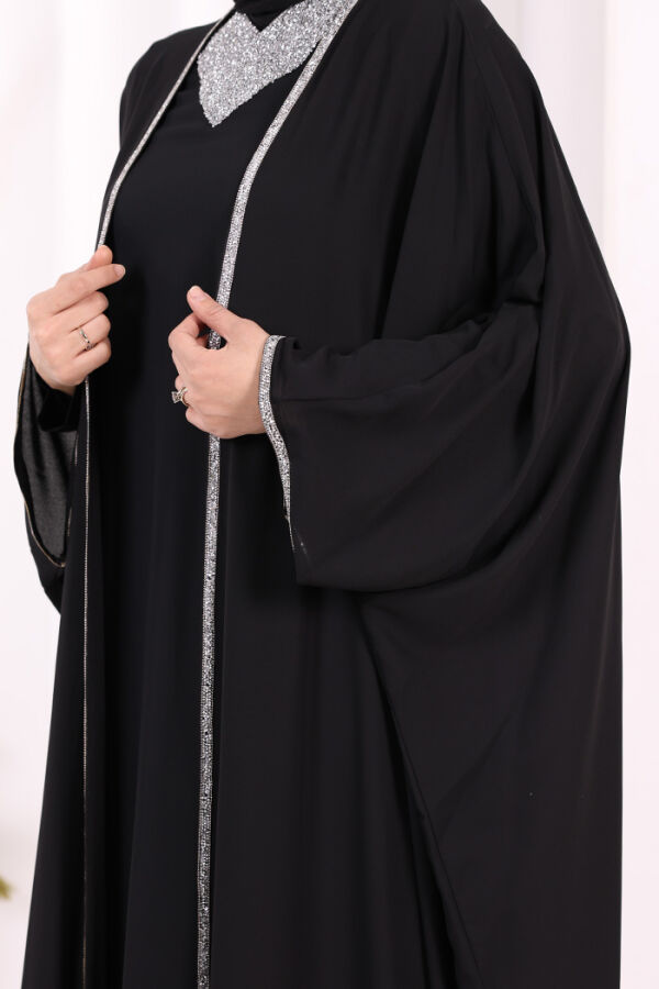 Taş İşleme Detay Elbiseli Pelerin Takım 8496 Siyah - 7