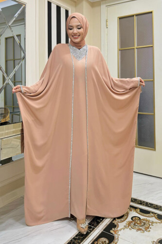 Taş İşleme Detay Elbiseli Pelerin Takım 8496 Vizon - Bym Fashion