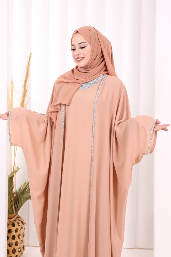 Taş İşleme Detay Elbiseli Pelerin Takım 8496 Vizon - 6