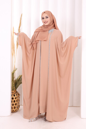 Taş İşleme Detay Elbiseli Pelerin Takım 8496 Vizon 