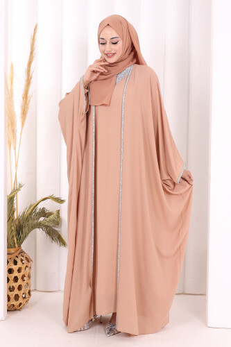 Taş İşleme Detay Elbiseli Pelerin Takım 8496 Vizon - 2