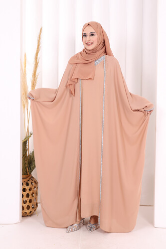 Taş İşleme Detay Elbiseli Pelerin Takım 8496 Vizon - 3