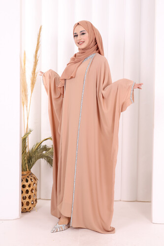 Taş İşleme Detay Elbiseli Pelerin Takım 8496 Vizon - 4